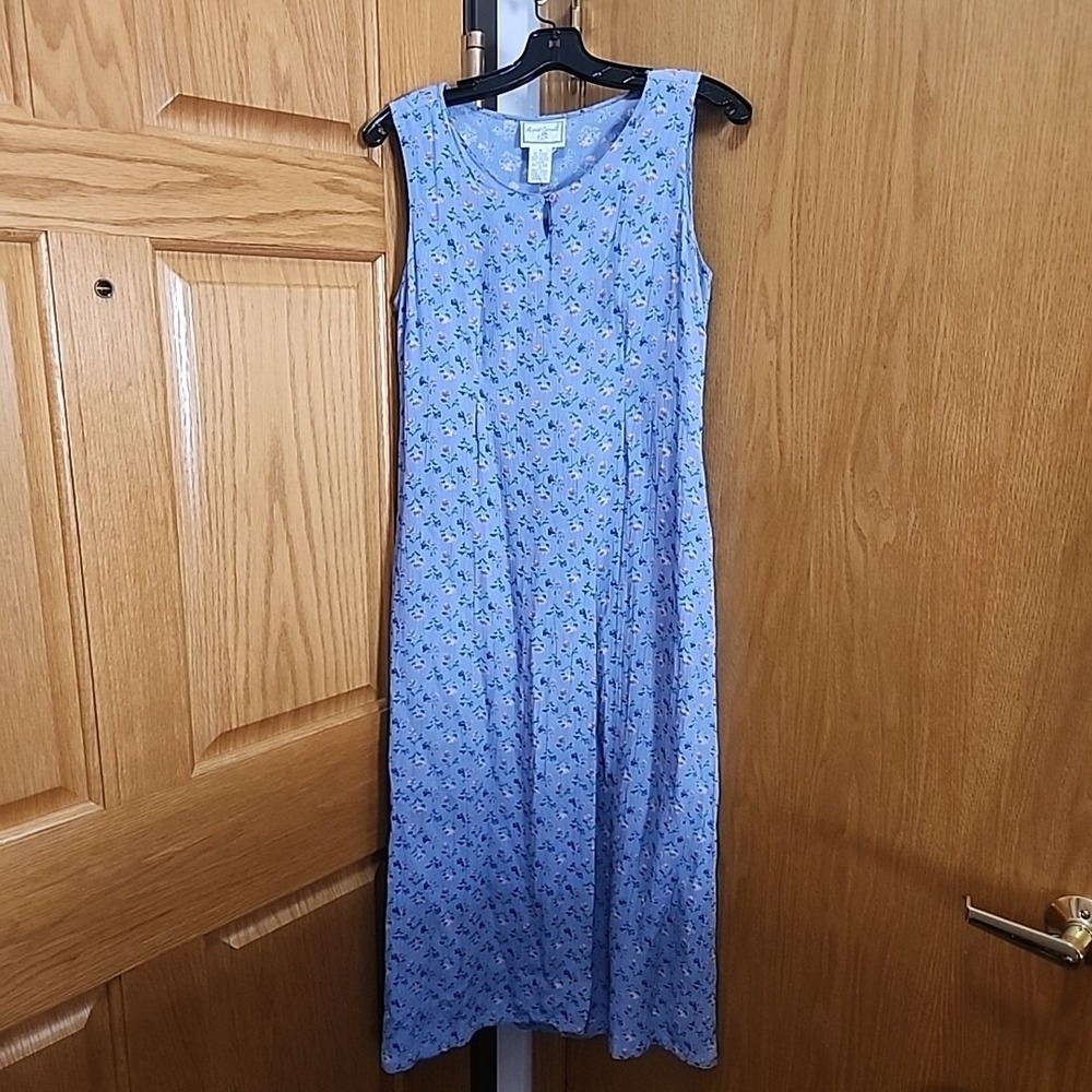 Vintage 90s April Cornell Maxi Dress Size M Blue Grunge Ditzy Rayon Sleeveless